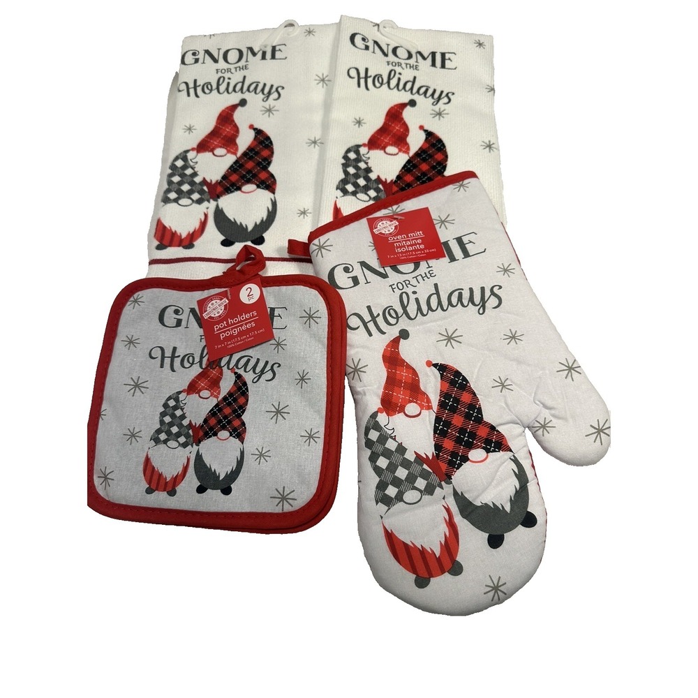 christmas house kitchen set 2‎ towels 2 pot holders 1 oven mitt